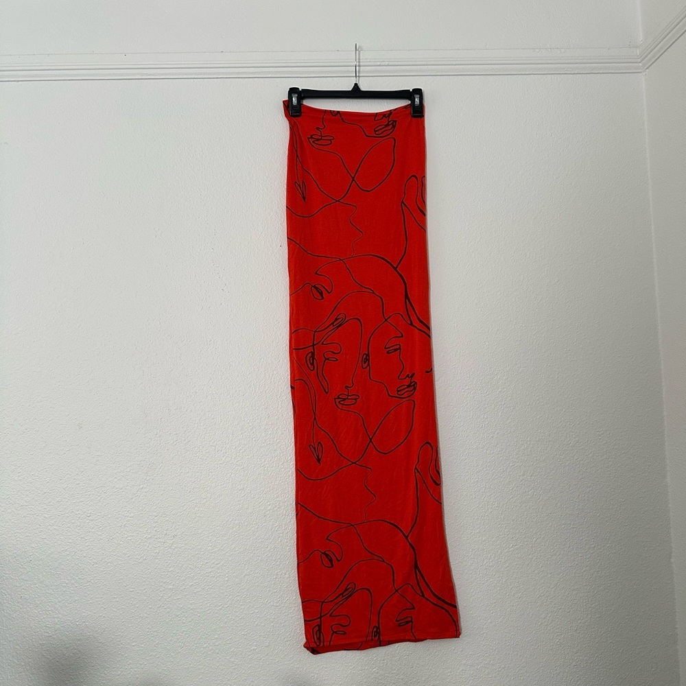 Red Abstract Print Faces Women's Maxi Bodycon Skirt